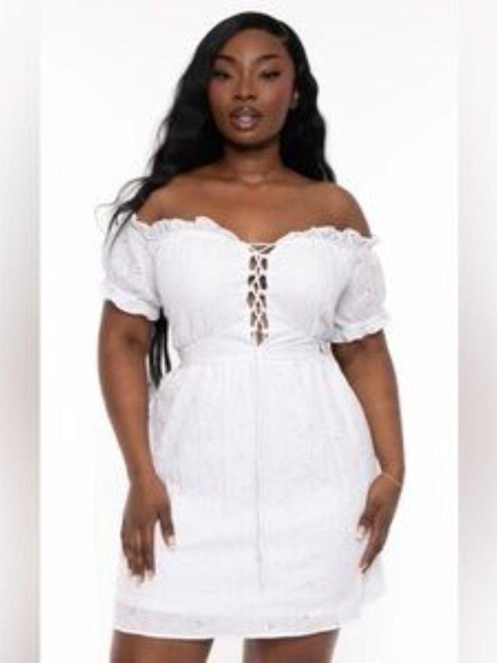 NEW! Curvy Sense White Eyelet Off the Shoulder Plunge Lace Up Dress 2X
